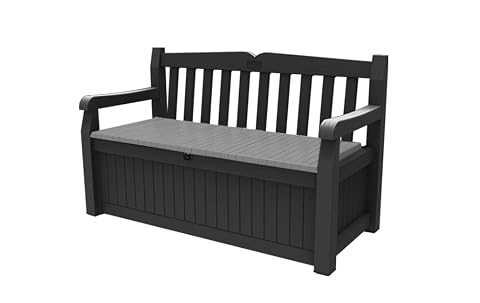 Banc coffre de jardin en résine gris anthracite à effet lattes de bois, installé sur une terrasse