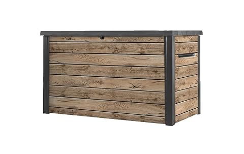 Coffre de jardin en résine aspect bois Douglas, ouvert avec des coussins rangés à l’intérieur