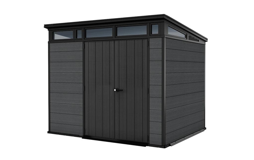 Abri de jardin gris Cortina 97 avec toit incliné, fenêtres hautes et doubles portes