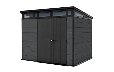 Abri de jardin gris Cortina 97 avec toit incliné, fenêtres hautes et doubles portes