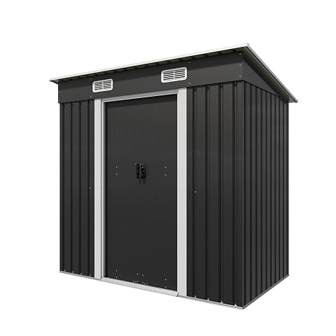 Abri de jardin compact en métal noir avec toit en pente et deux portes coulissantes