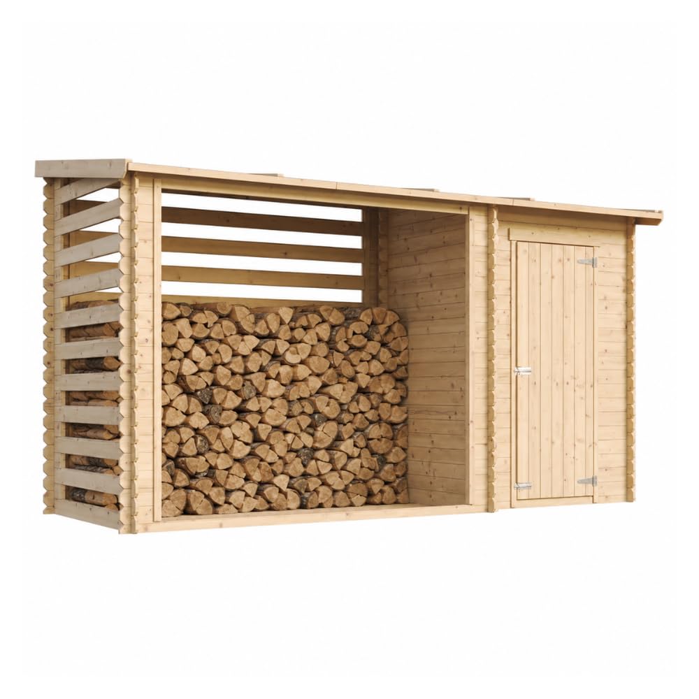 Abri de jardin Timbela en bois avec rangement fermé et compartiment pour le bois de chauffage