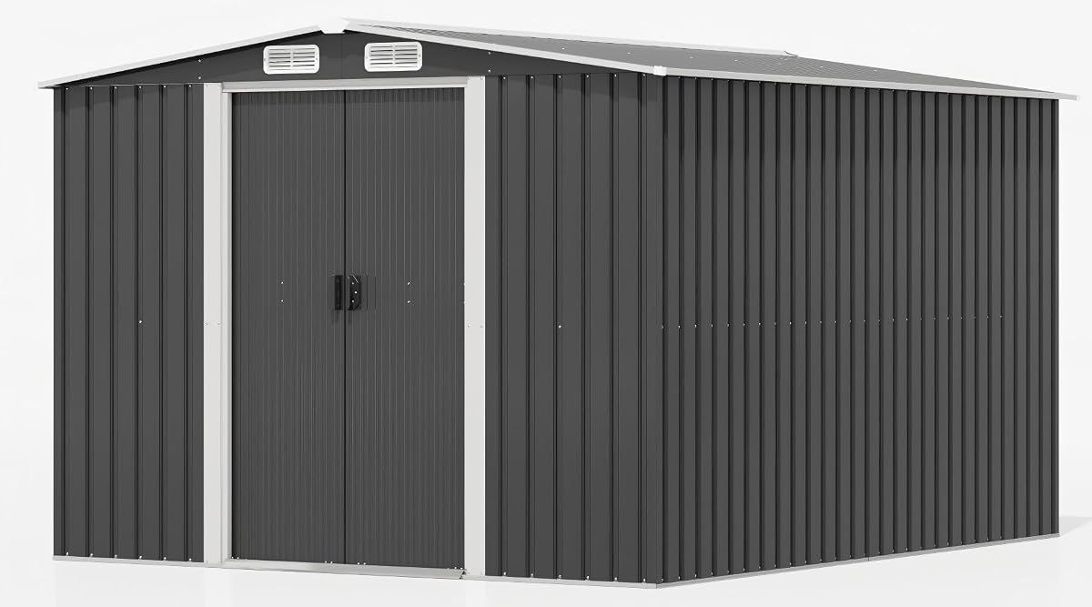 Abri de jardin Devoko en métal noir, avec toit incliné et base galvanisée, installé sur une zone de gravier.