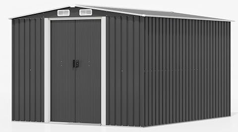 Abri de jardin Devoko en métal noir, avec toit incliné et base galvanisée, installé sur une zone de gravier.