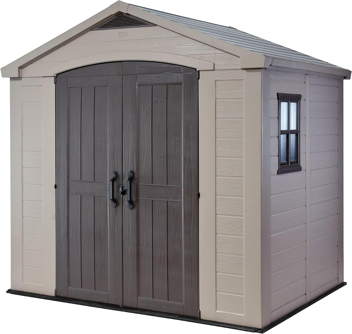 Abri de jardin Keter taupe et beige avec portes doubles, fenêtres fixes et lucarne