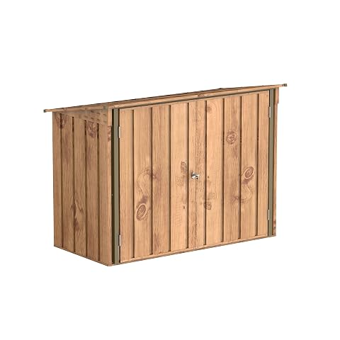 Abri à vélos Duramax en métal grain de bois, avec portes doubles, dans un jardin ordonné