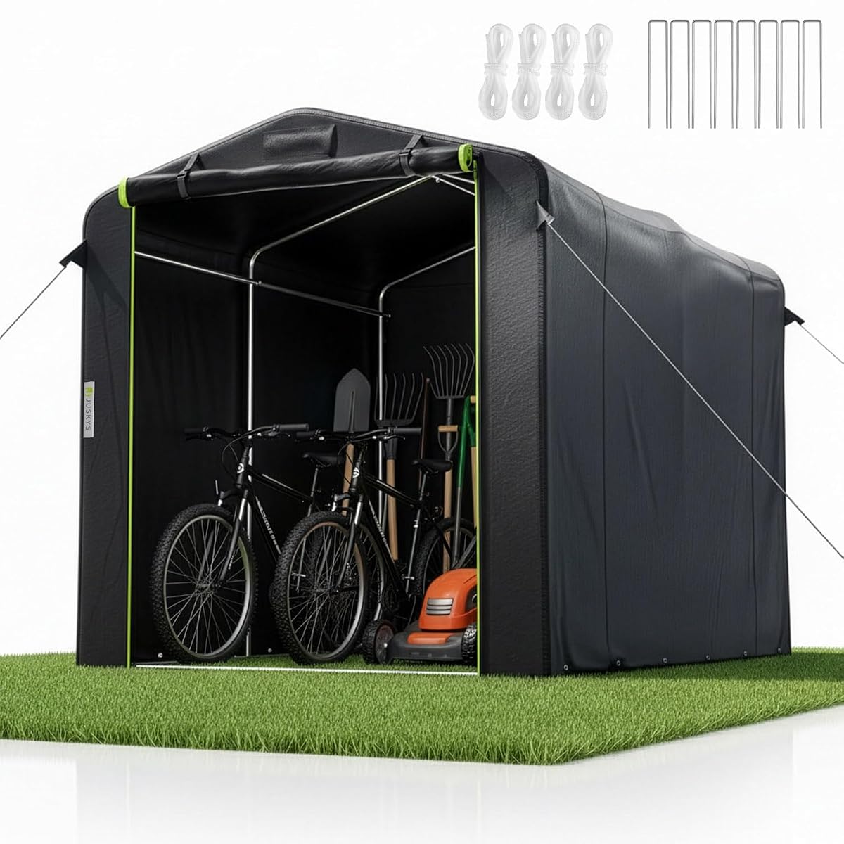 Abri vélo extérieur en toile anthracite avec porte, fenêtres et armature métallique dans un jardin