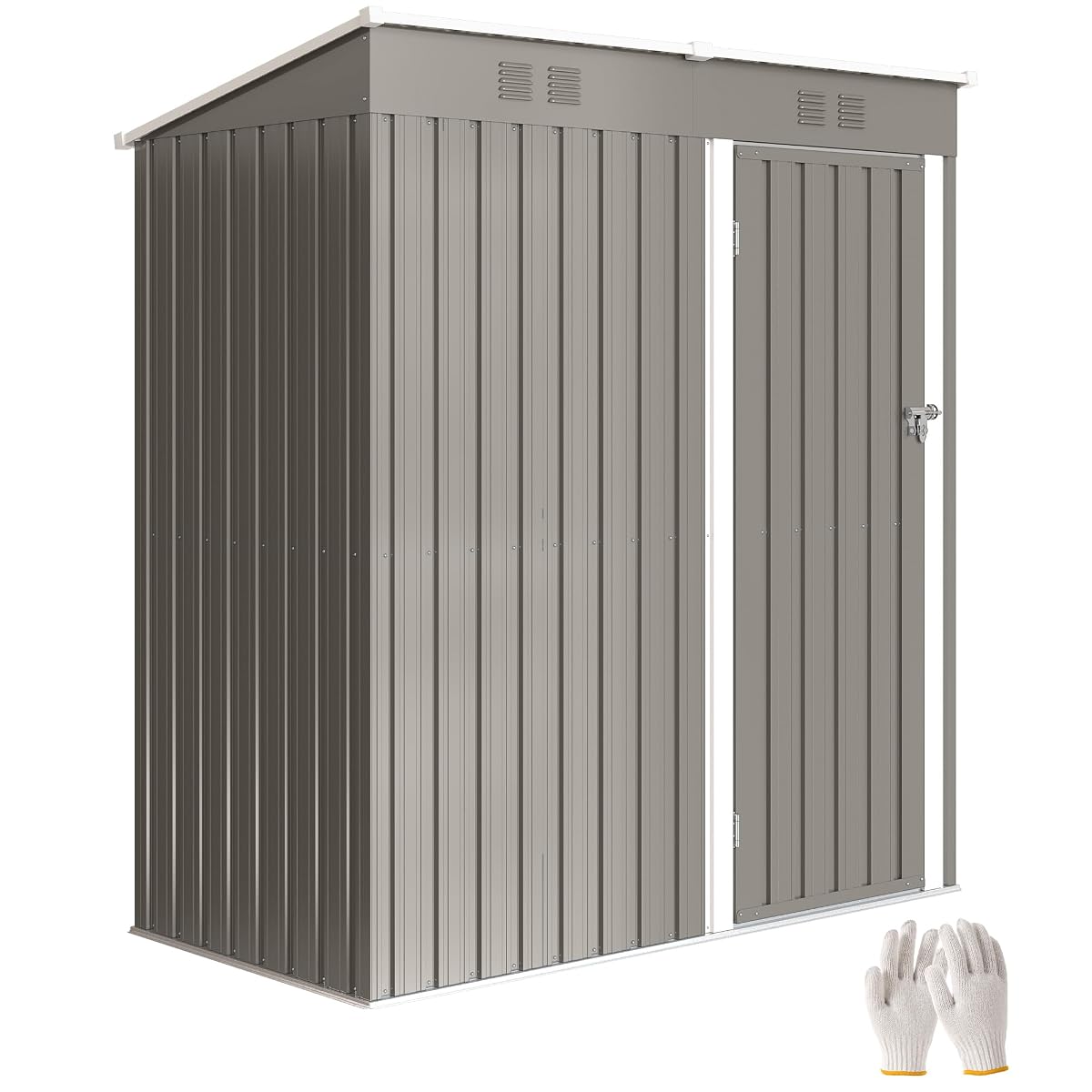 Abri de jardin métallique gris clair avec toit incliné, porte fermée et deux grilles d’aération