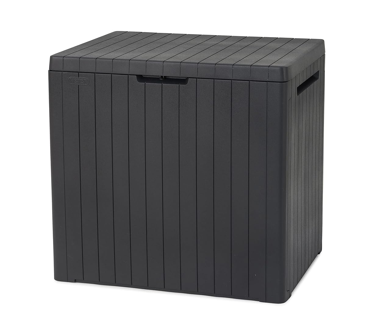 Coffre de jardin compact noir à finition effet bois, posé sur une terrasse en gravier