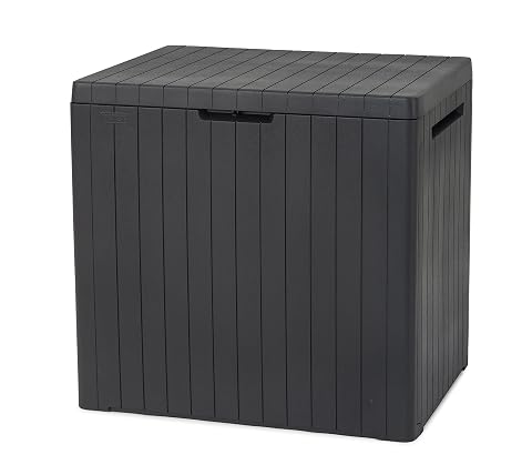 Coffre de jardin compact noir à finition effet bois, posé sur une terrasse en gravier