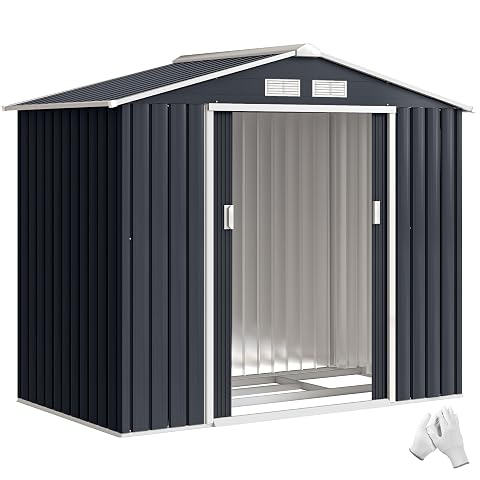 Abri de jardin Outsunny en métal gris foncé avec toit incliné et portes coulissantes