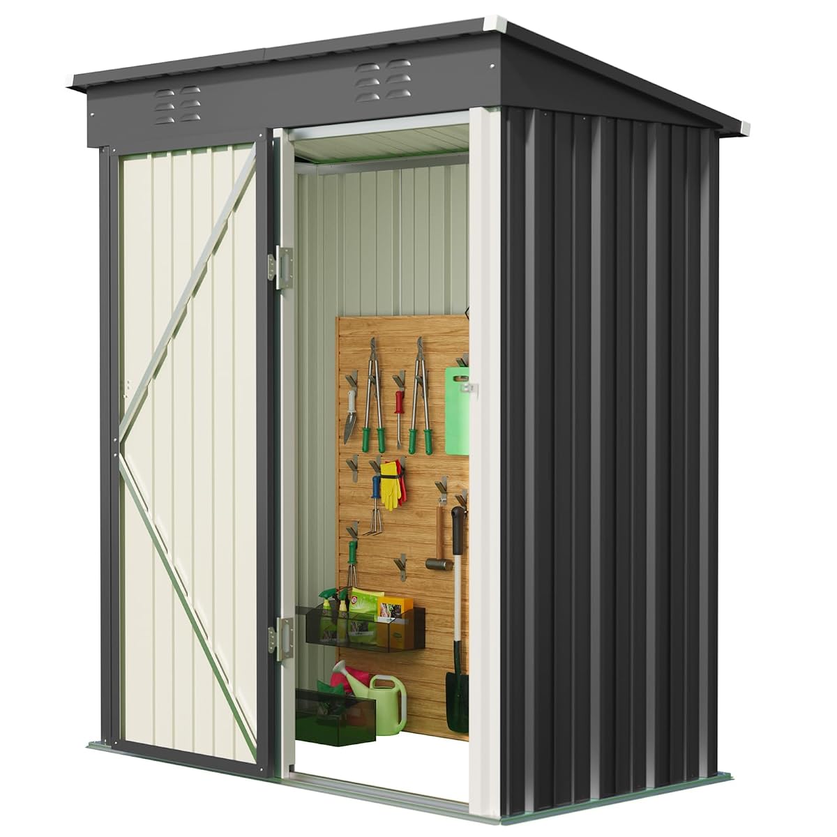 Abri de jardin métallique gris avec porte ouverte, étagères et outils rangés à l’intérieur