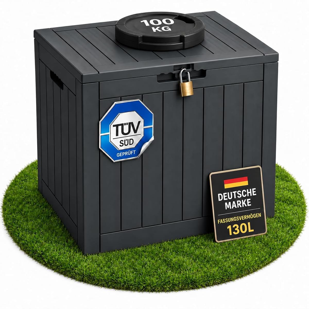 Coffre de jardin compact anthracite à motif bois, posé sur une terrasse abritée.