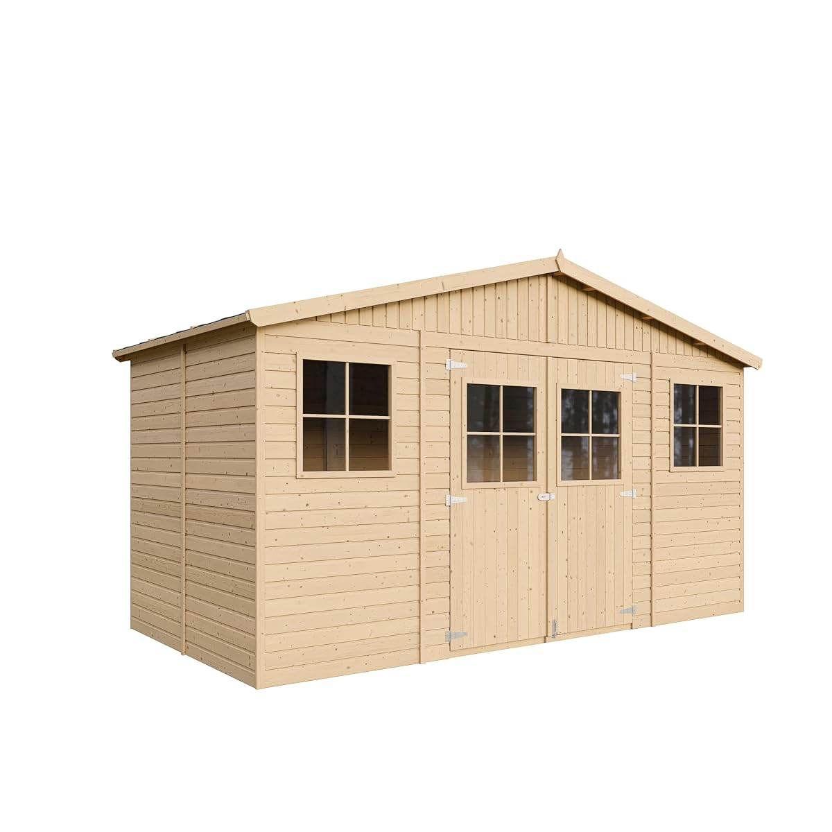 Abri de jardin Timbela en bois brun avec doubles portes, deux fenêtres et plancher intégré dans un jardin ordonné