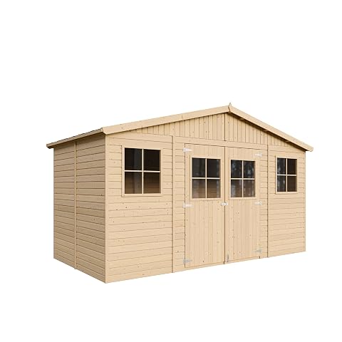 Abri de jardin Timbela en bois brun avec doubles portes, deux fenêtres et plancher intégré dans un jardin ordonné
