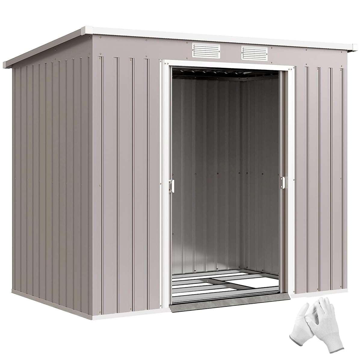 Abri de jardin métallique gris clair à double porte, installé dans un jardin ordonné