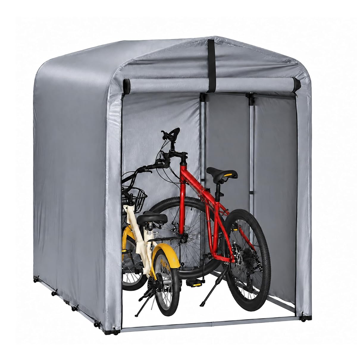 Abri vélo SoBuy en bâche grise installé dans un jardin, avec deux vélos rangés à l’intérieur