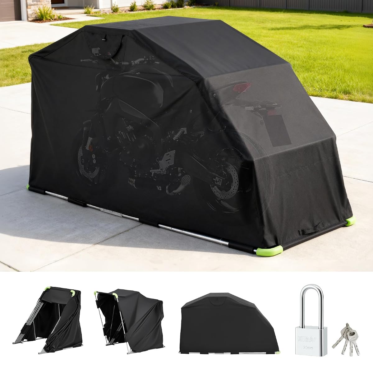 Abri moto noir en tissu Oxford avec armature galvanisée et fenêtres latérales dans un jardin