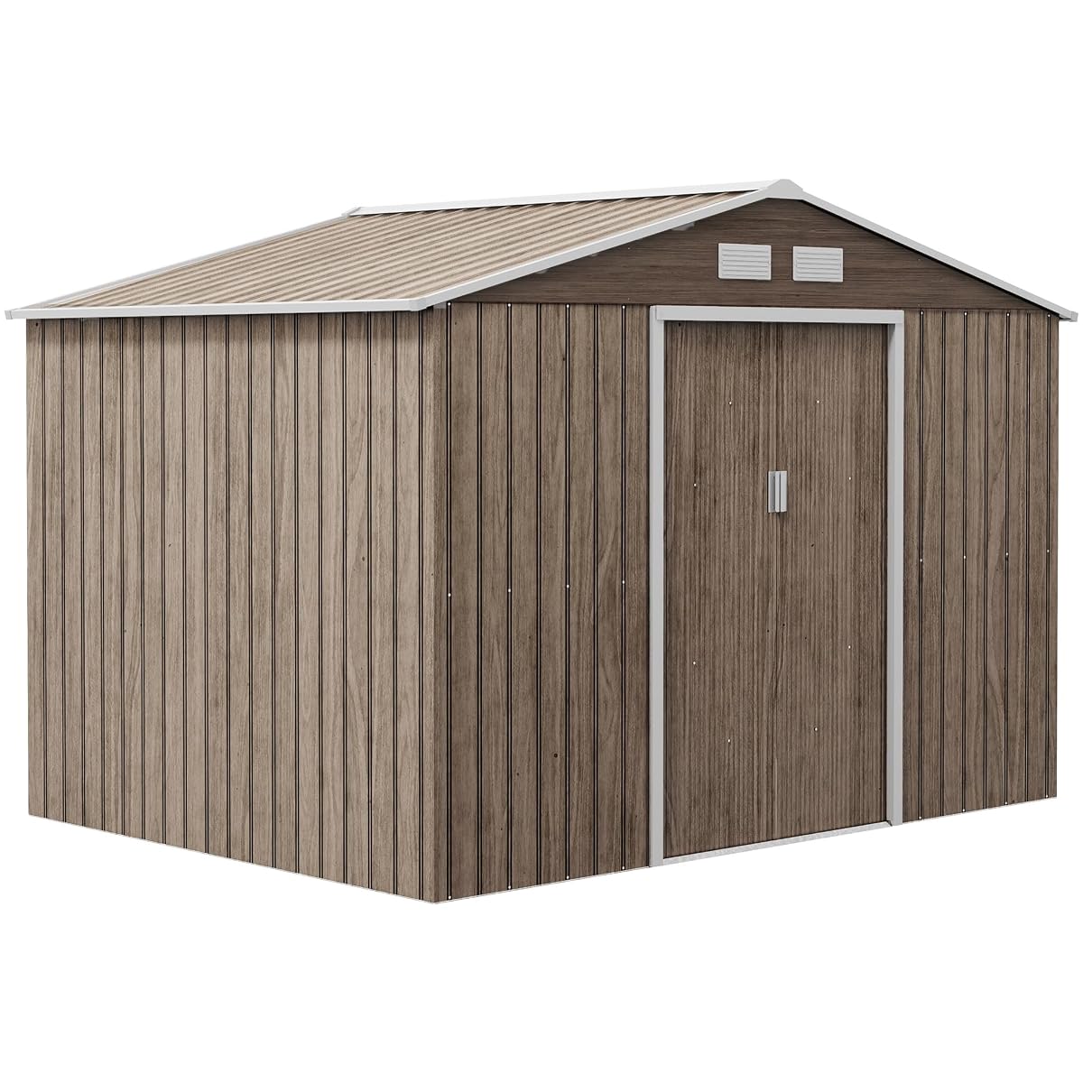 Abri de jardin en acier marron clair avec portes coulissantes, rampe et kit de fondation