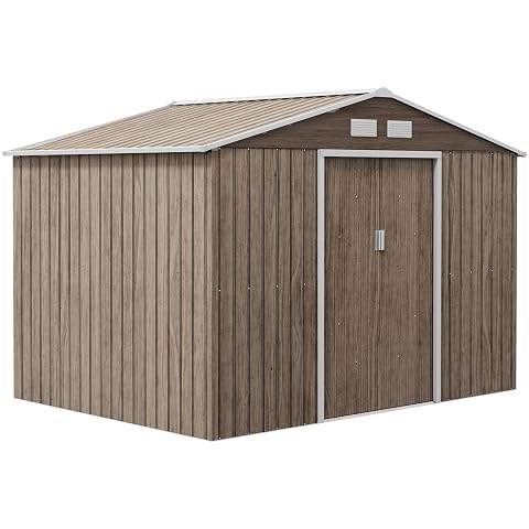 Abri de jardin en acier marron clair avec portes coulissantes, rampe et kit de fondation