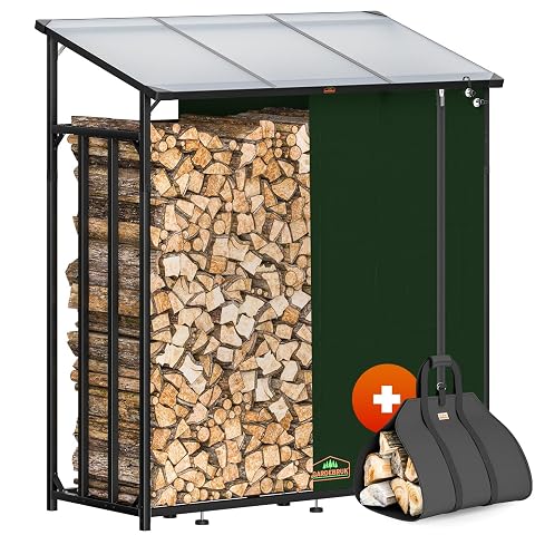 Abri à bûches noir Gardebruk avec toit en aluminium, bâche de protection et sacoche dans un jardin