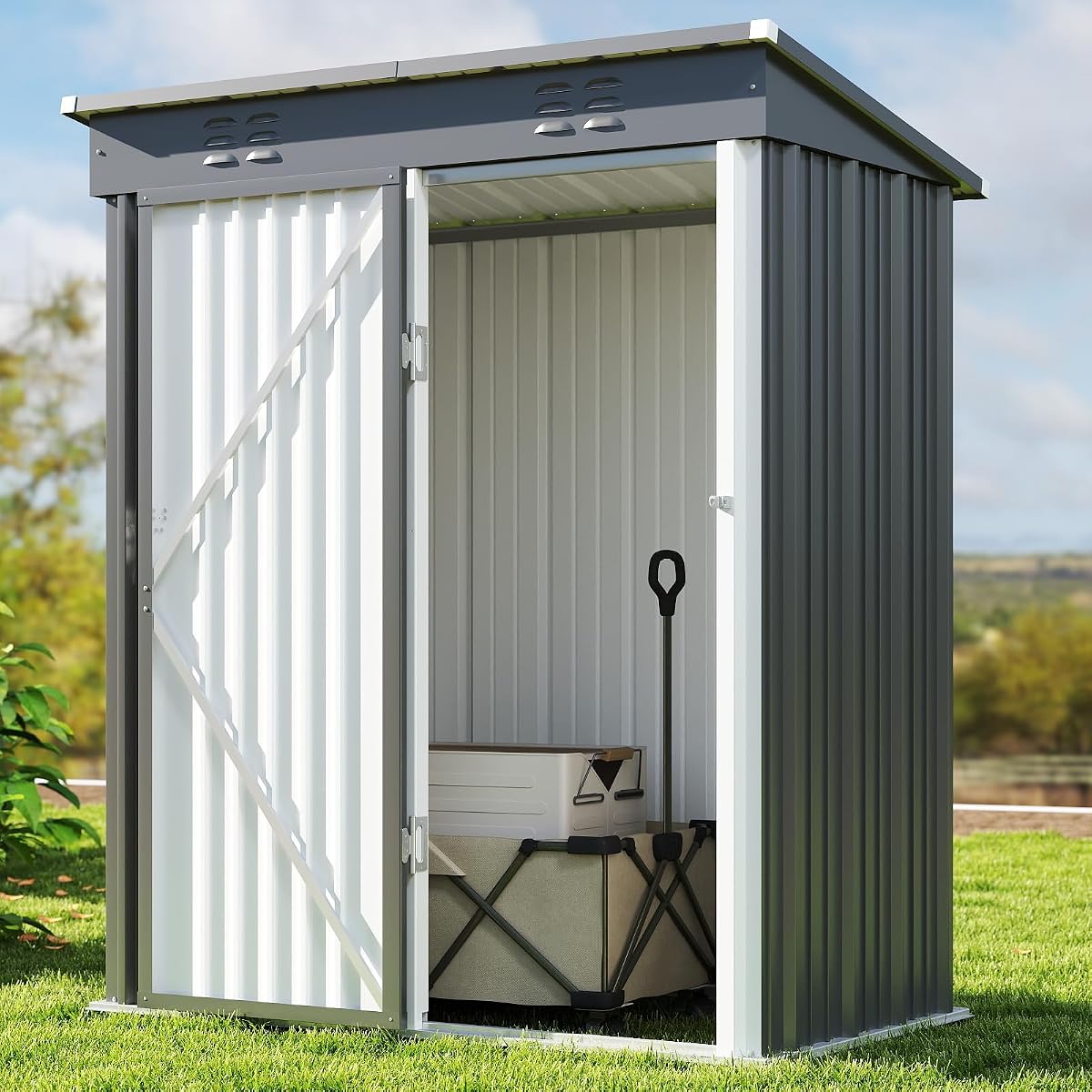 Abri de jardin gris en acier galvanisé avec porte verrouillable et ouvertures d’aération