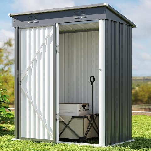 Abri de jardin gris en acier galvanisé avec porte verrouillable et ouvertures d’aération