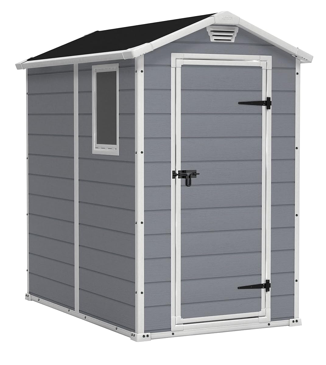 Abri de jardin gris Keter Manor 4x6 à l’aspect bois, avec porte et fenêtre fixe
