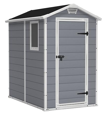 Abri de jardin gris Keter Manor 4x6 à l’aspect bois, avec porte et fenêtre fixe