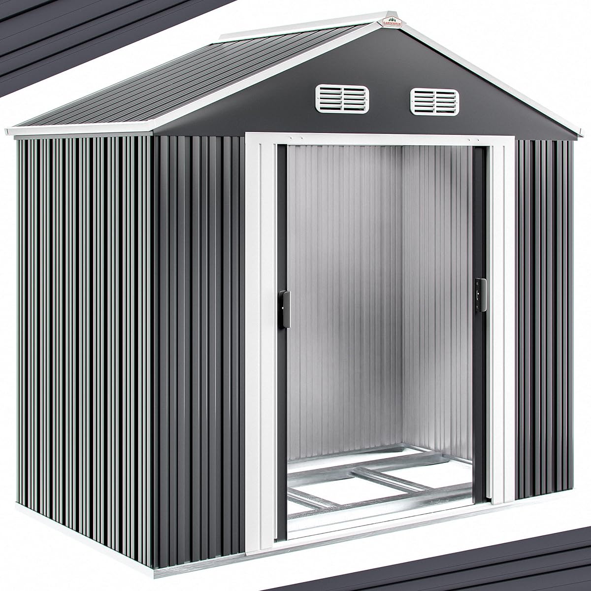 Abri de jardin en métal anthracite à toit double pente, installé sur un sol gravillonné