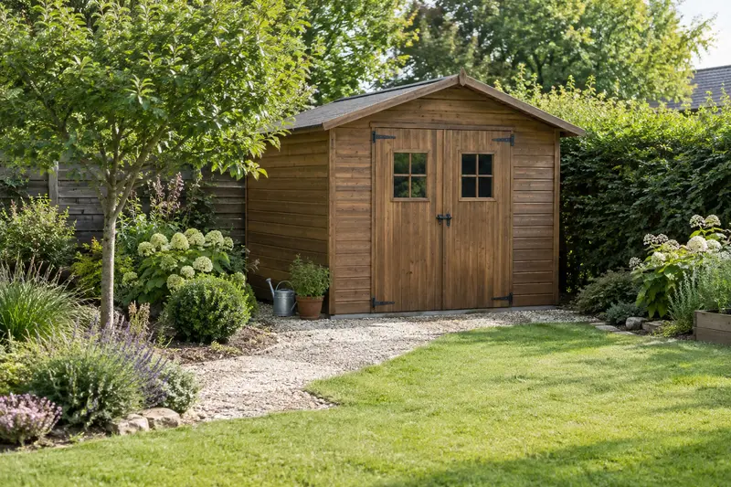 Abri de jardin en bois installé dans un jardin verdoyant et soigneusement aménagé