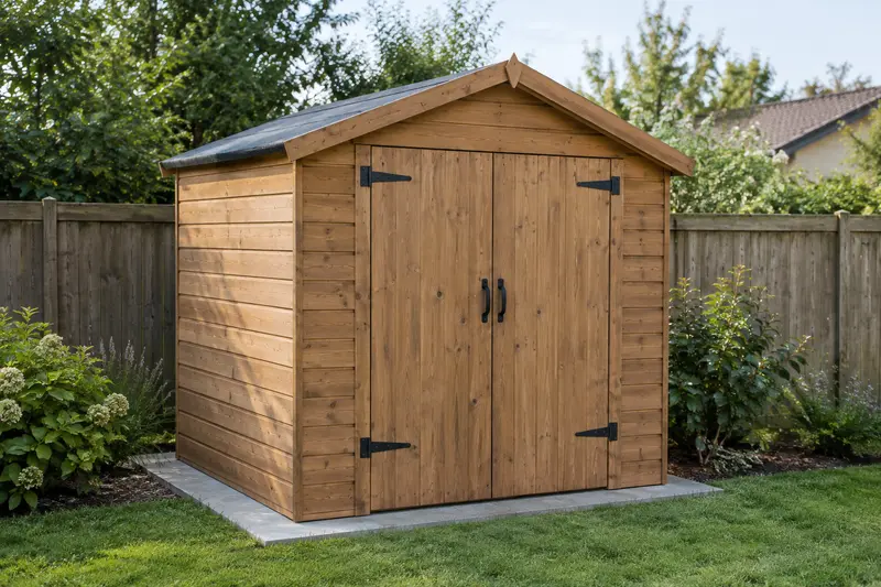 Abri de jardin classique à double porte au milieu d’un espace extérieur soigné