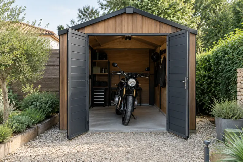 Garage extérieur fermé avec porte ouverte et moto rangée à l’intérieur