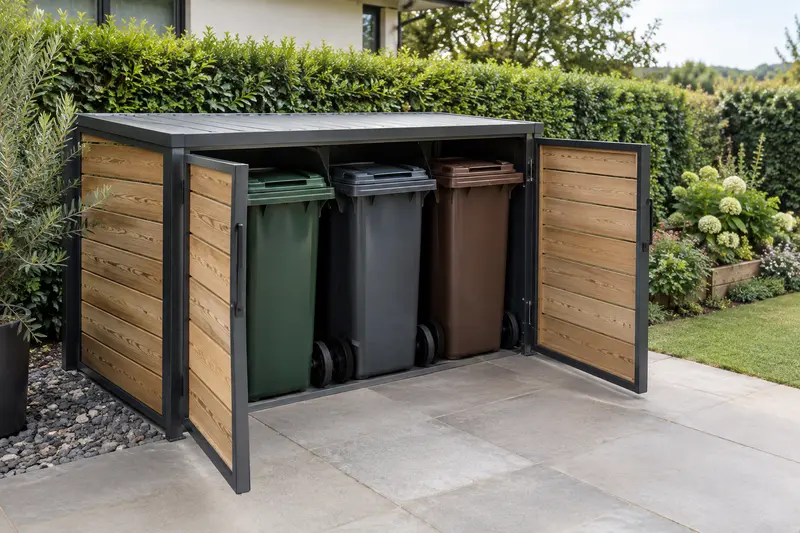 Abri à portes frontales contenant des bacs roulants dans un jardin