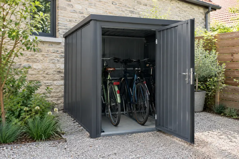Abri vélo fermé avec porte et vélos rangés dans une cour de maison