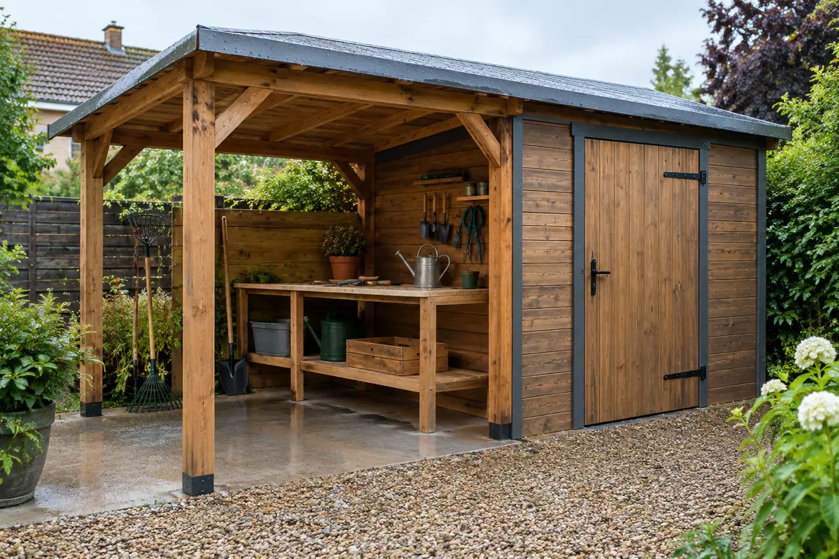 Abri de jardin avec auvent ouvert couvrant une petite zone de préparation pour les outils
