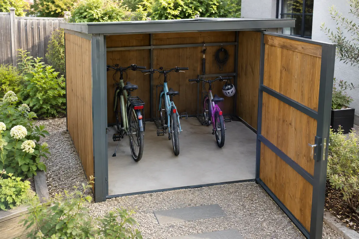 Trois vélos de tailles différentes rangés dans un abri fermé avec un passage dégagé devant eux