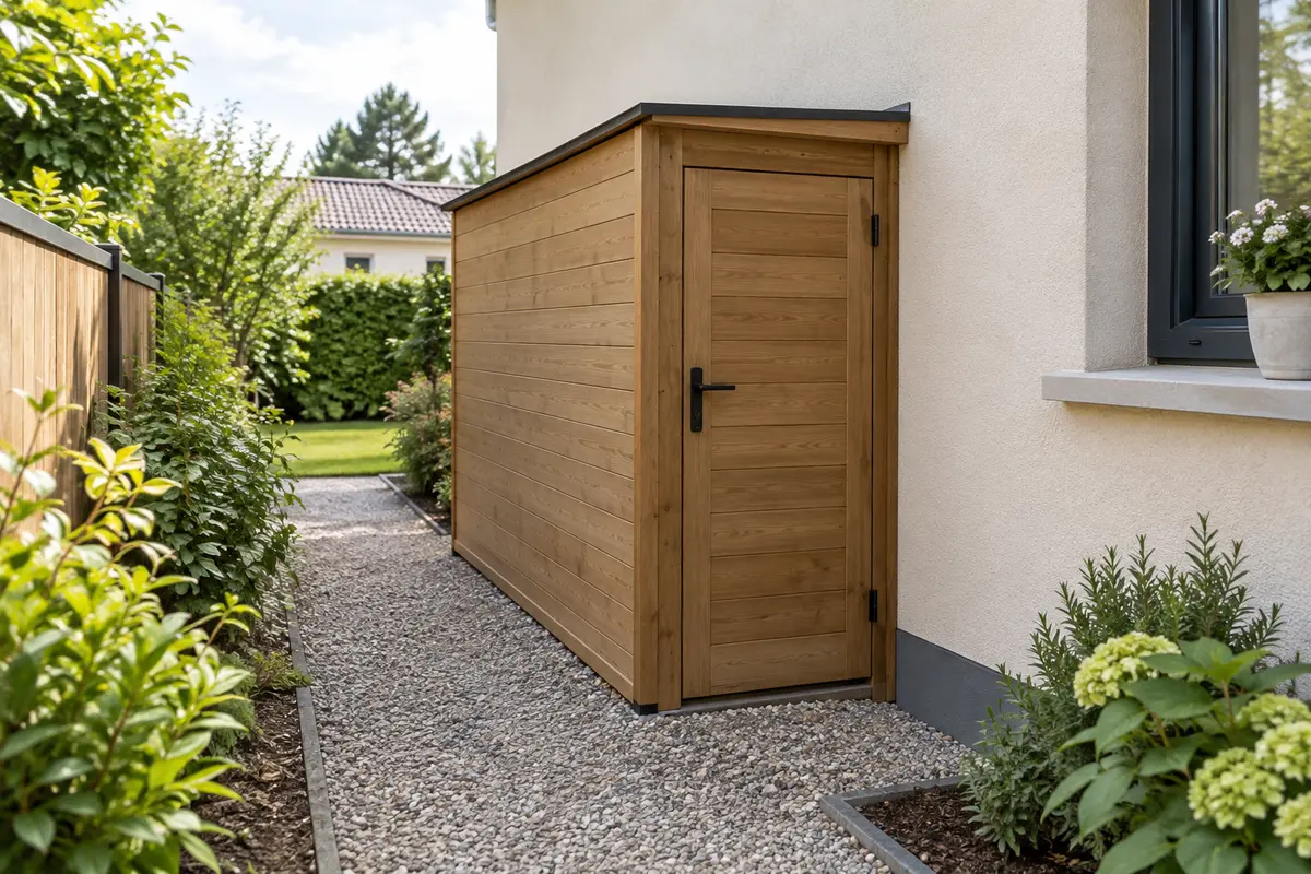 Petit abri de jardin adossé à une façade, avec porte accessible et passage conservé devant la structure