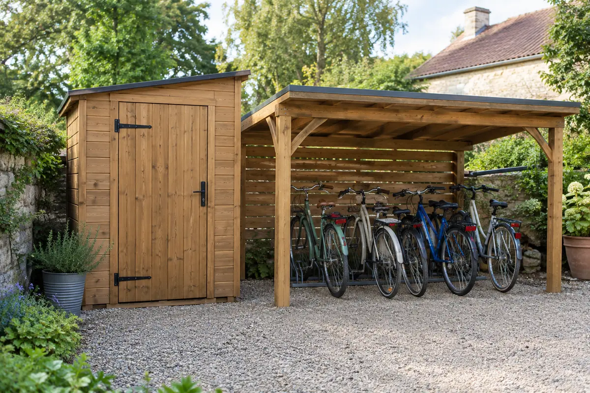 Deux abris côte à côte, l’un fermé et l’autre ouvert, avec des vélos rangés dans un jardin.
