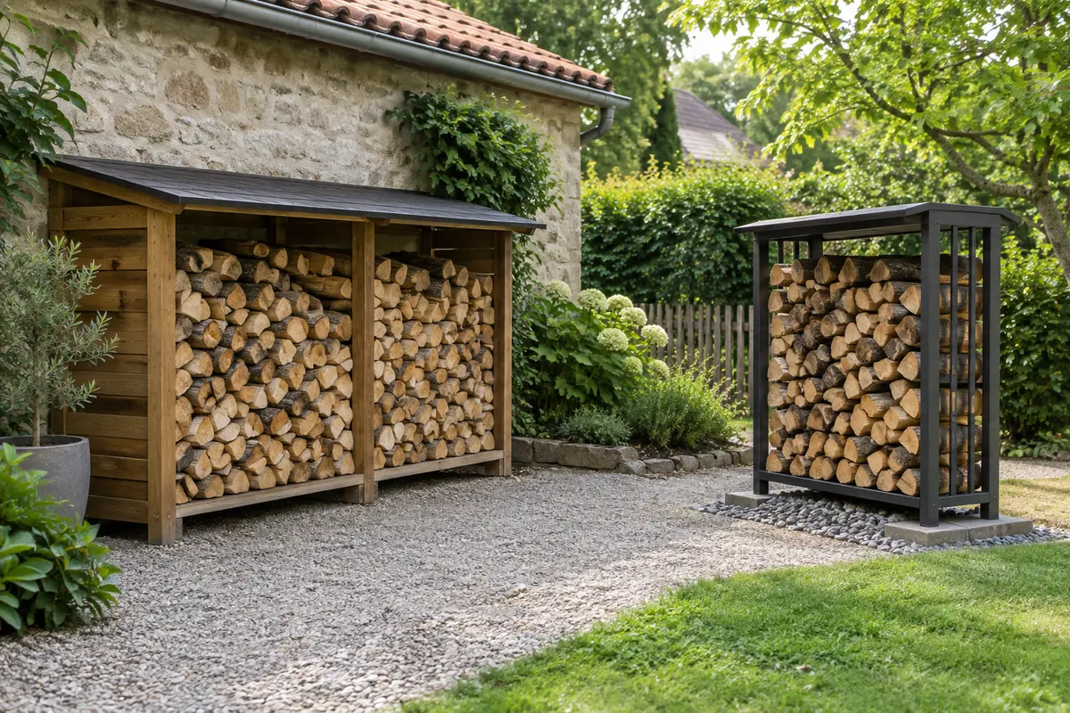 Deux bûchers remplis de bois, l’un adossé à un mur et l’autre installé seul sur une base drainante.