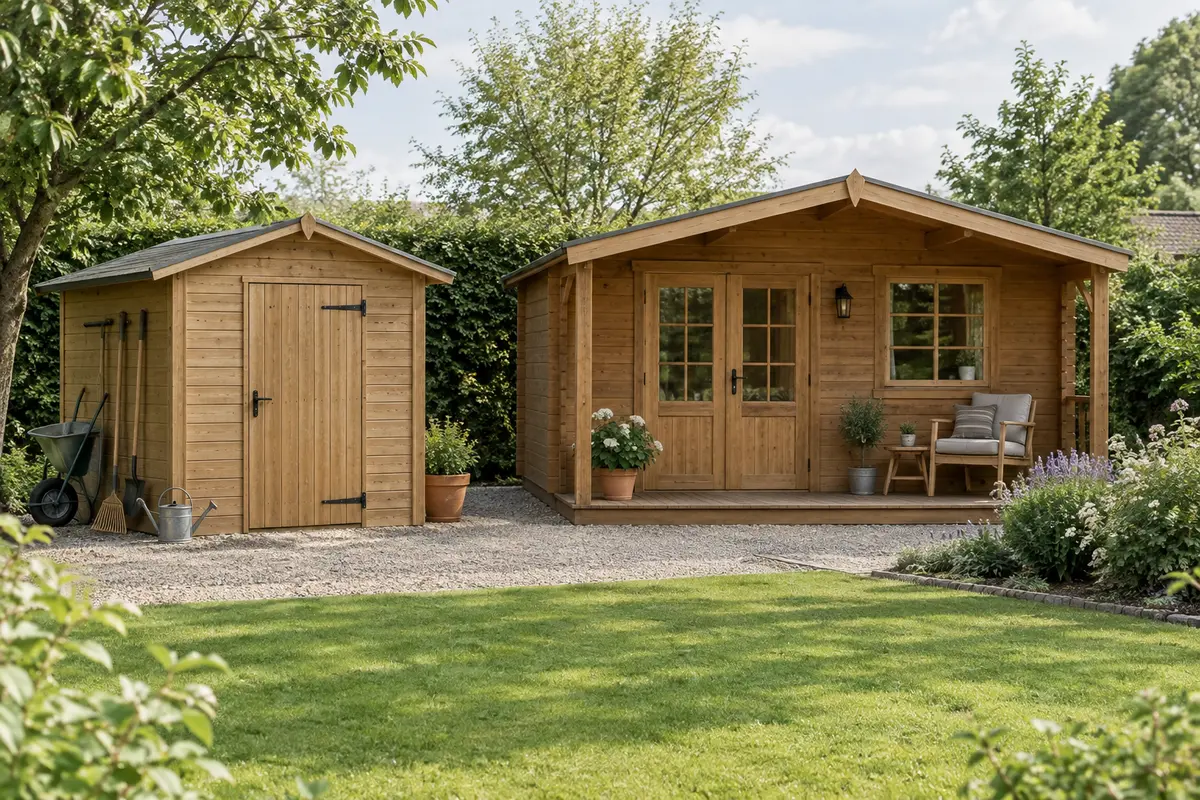 Un abri de jardin classique et un chalet en bois comparés dans un jardin