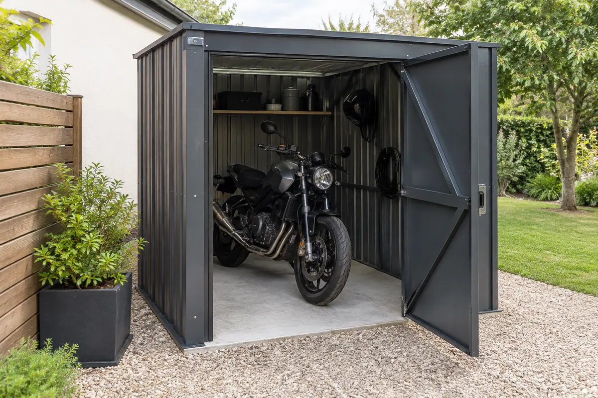 Moto stationnée dans un abri fermé, porte ouverte sur un accès dégagé et un sol stable.