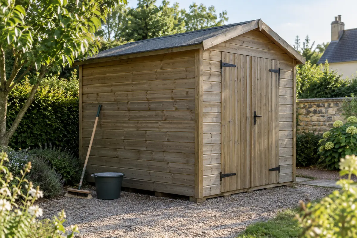 Abri de jardin en bois propre, avec une finition patinée et ses parois dégagées pour l’inspection