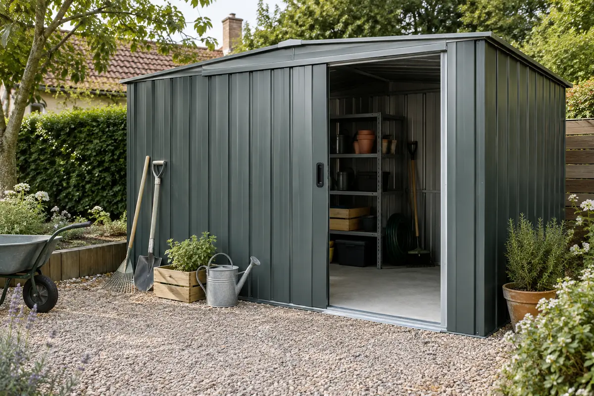 Abri de jardin en métal avec porte coulissante et seuil dégagé, dans un jardin bien entretenu