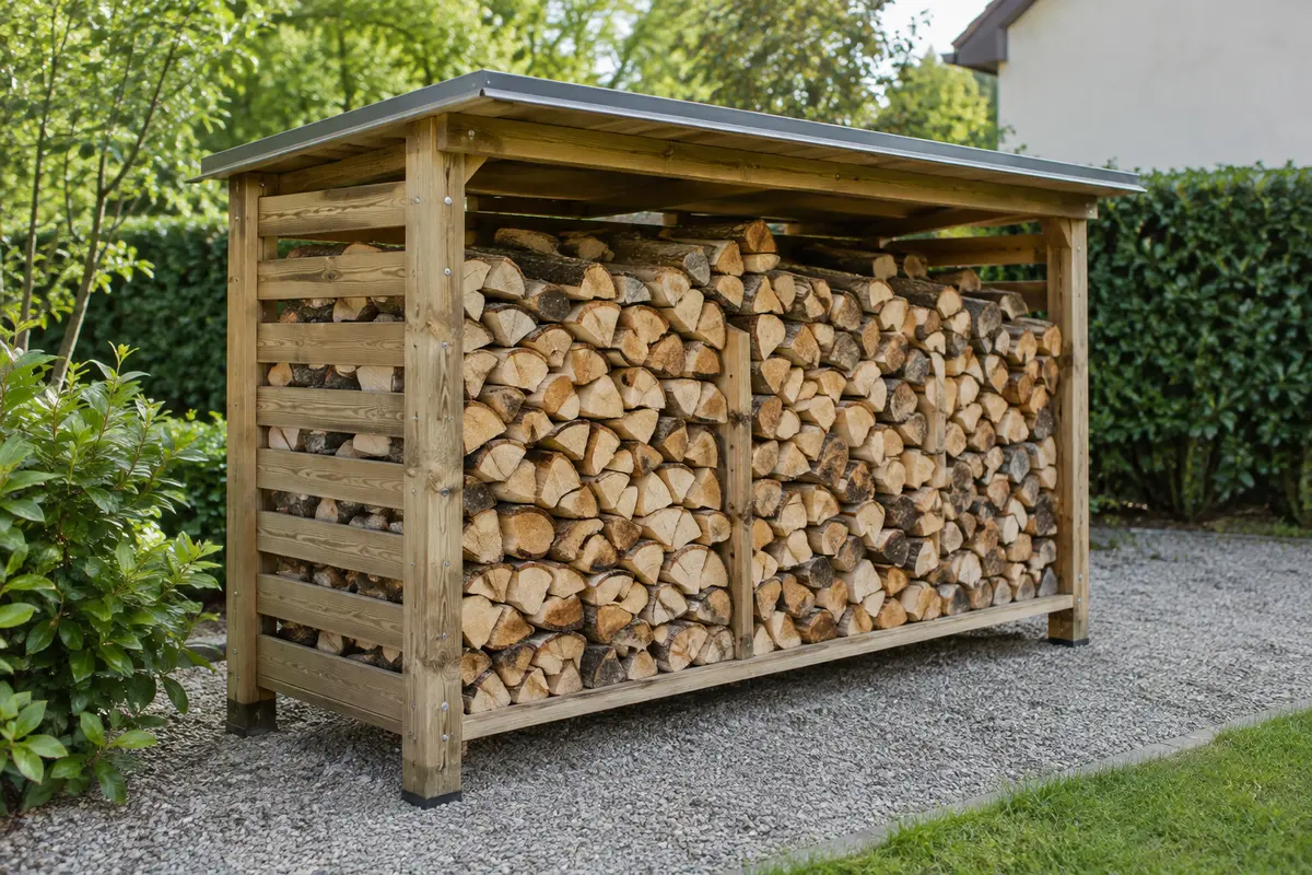 Bûcher de jardin garni de bûches empilées, montrant l’espace intérieur utile sous le toit