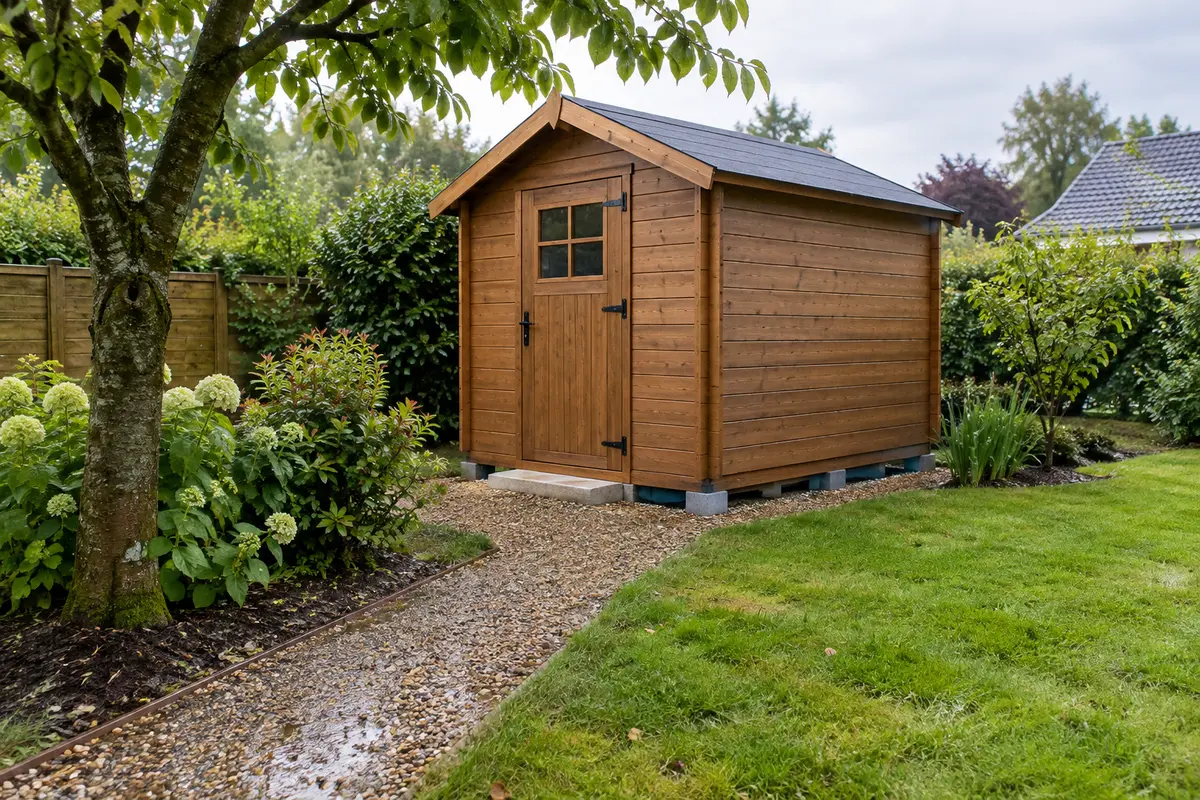 Abri de jardin sur une base stable, avec un chemin d’accès dégagé et des abords drainés