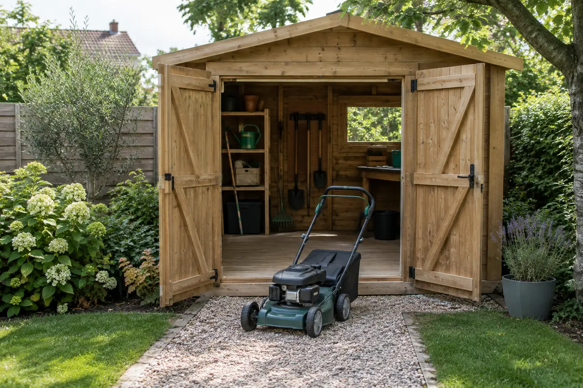 Tondeuse placée devant les portes ouvertes d’un abri de jardin pour vérifier le passage