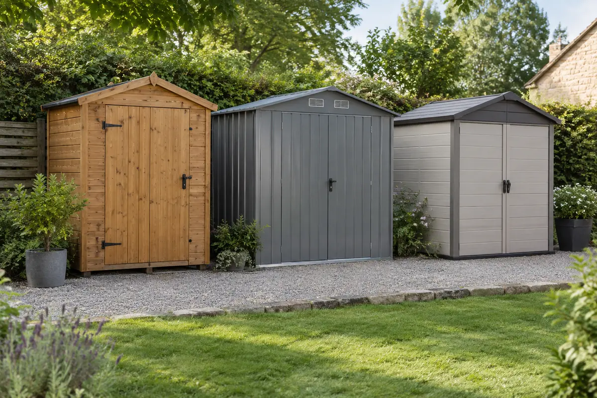 Trois abris de jardin en bois, en métal et en résine présentés dans un jardin