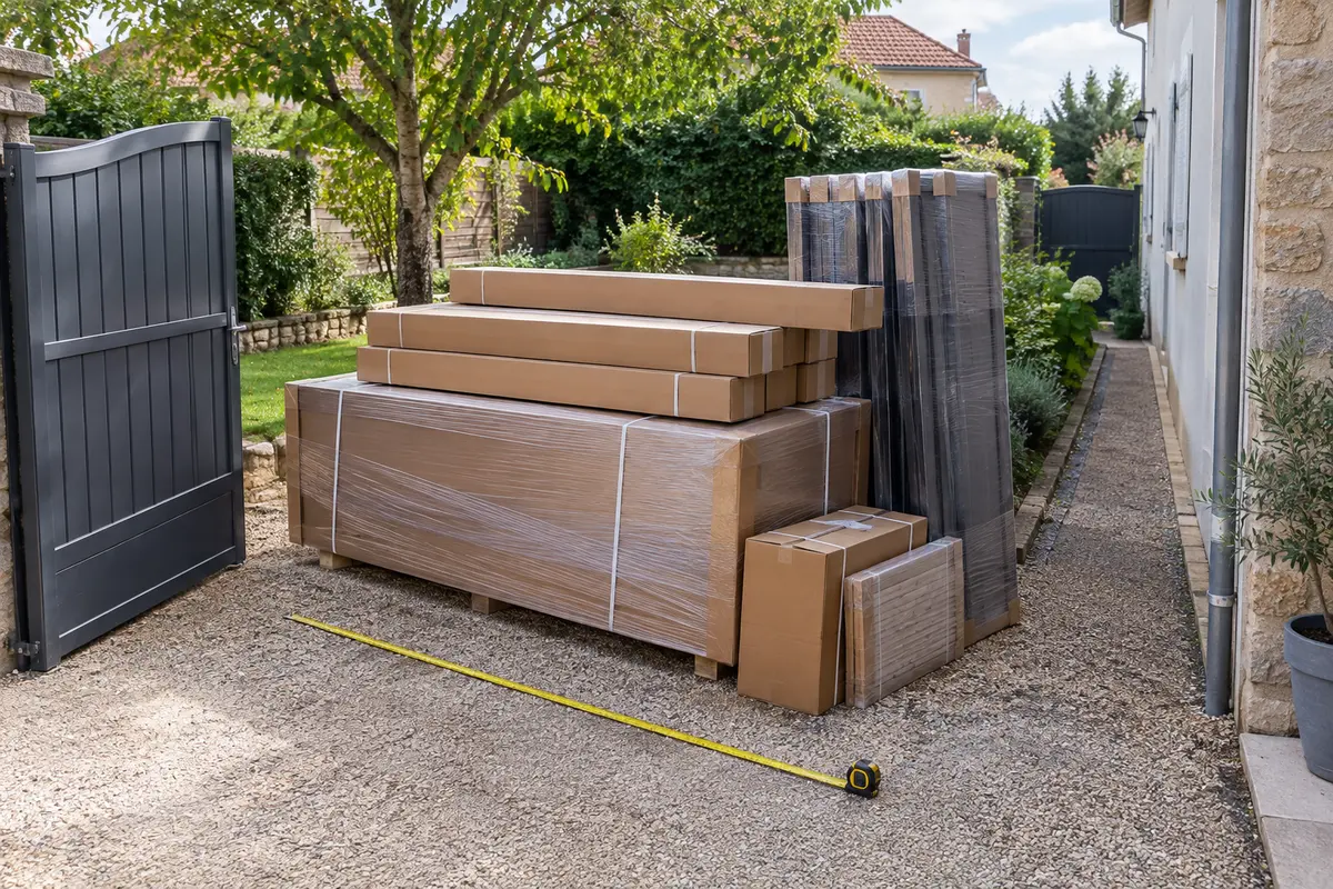 Colis d’un abri de jardin près d’un portail ouvert donnant sur une cour étroite