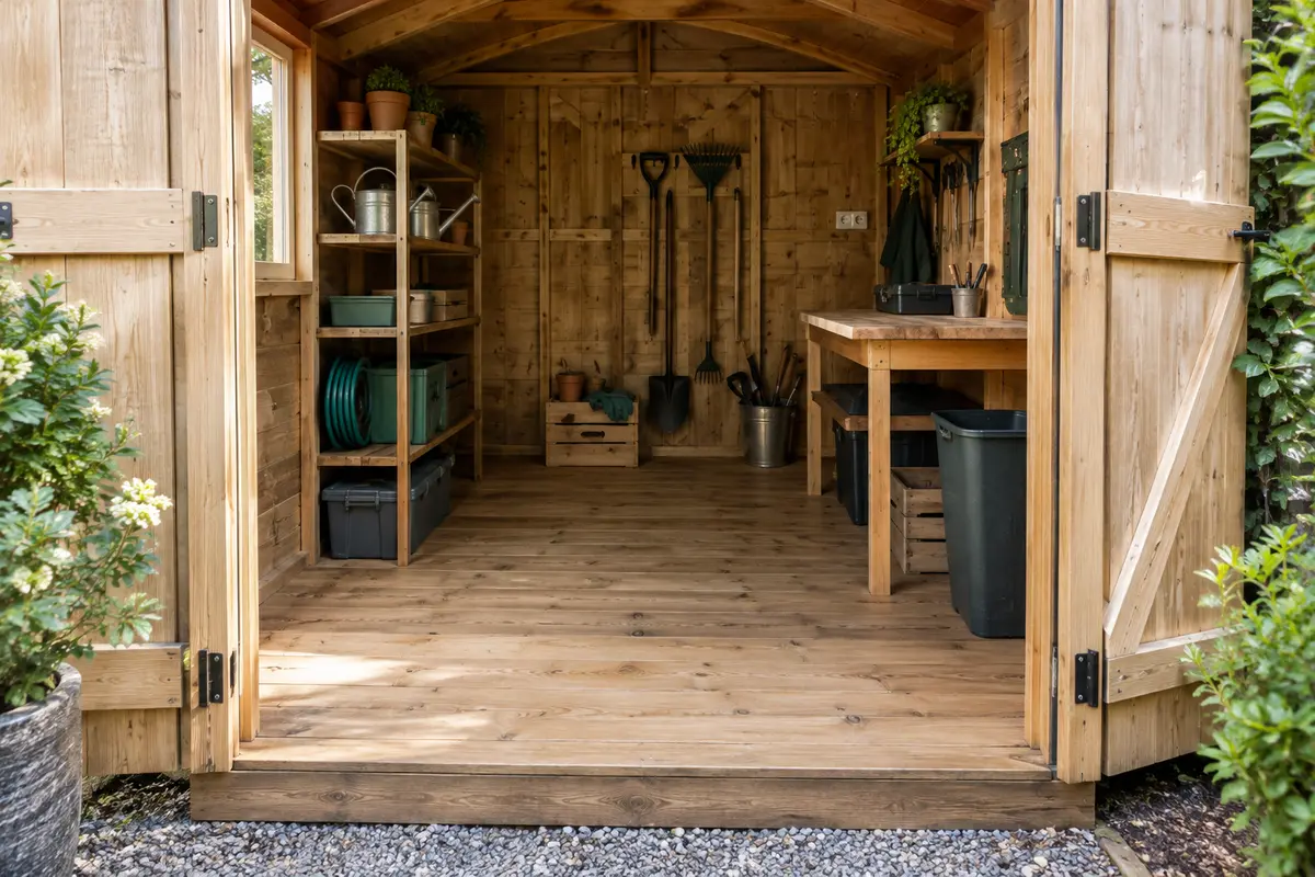 Plancher en bois dans un abri de jardin avec outils rangés sur des étagères